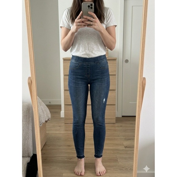 SPANX Pants - Spanx Jean-ish Ankle Leggings Dark Wash Distressed Raw Hem Skinny Jeans Small